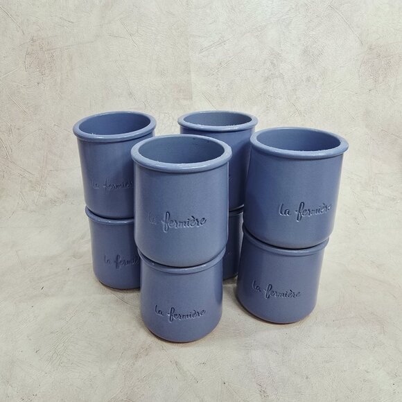 Set of 8 Fermière Cermer Yogurt Pots Crocks Jars French Blue - Picture 2 of 11